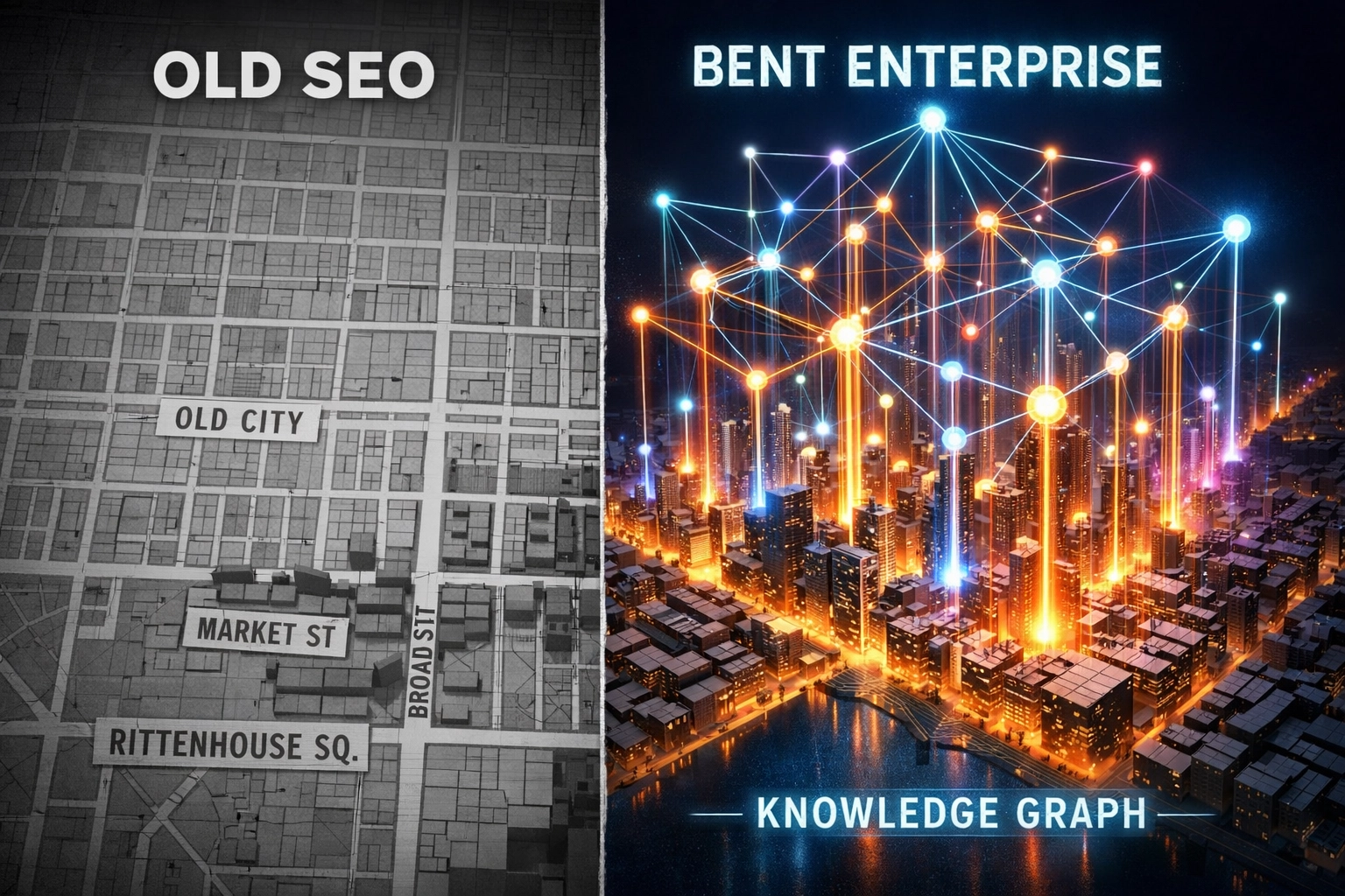Knowledge graph visualization over a Philadelphia map showing interconnected business data for local SEO authority.
