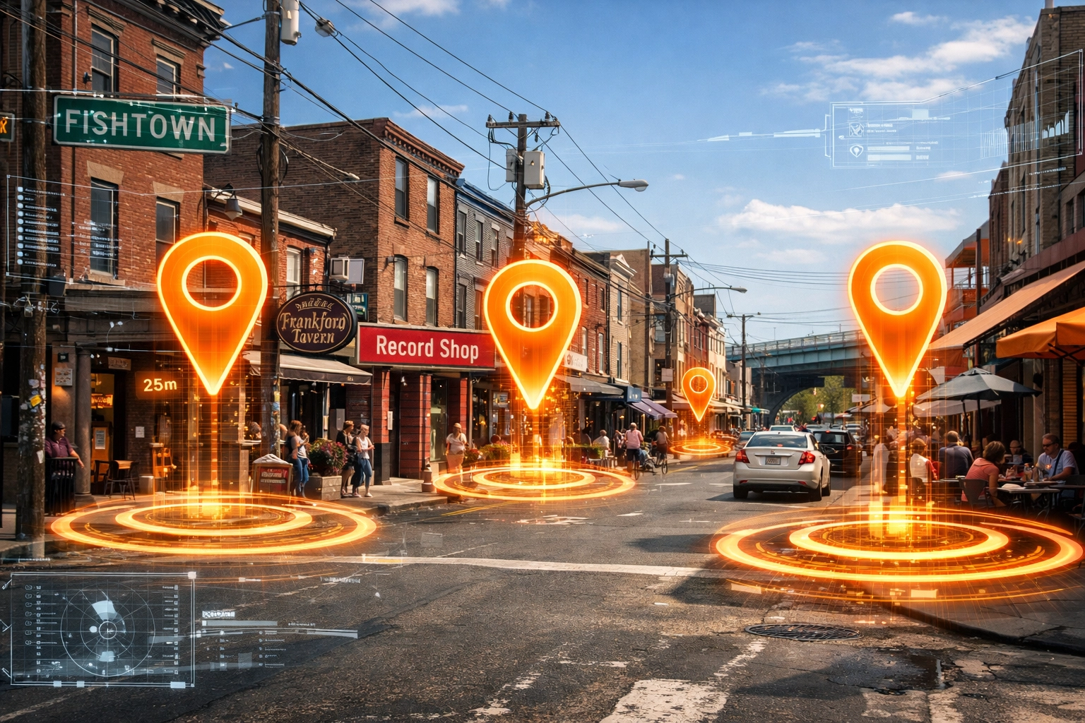 AR map pins in a Philly neighborhood illustrating Philadelphia local SEO services for growing businesses.