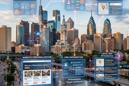 Philadelphia skyline with digital marketing integrations