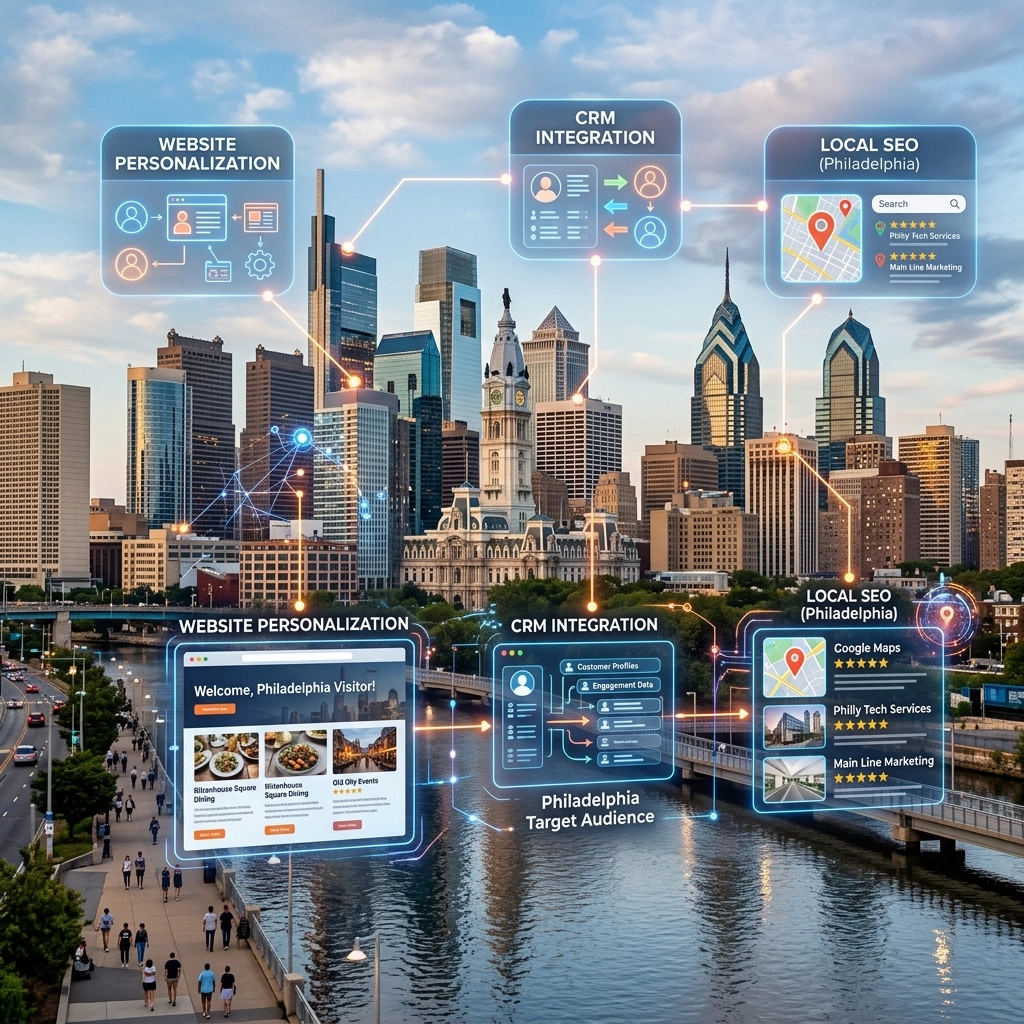 Philadelphia skyline with digital marketing integrations