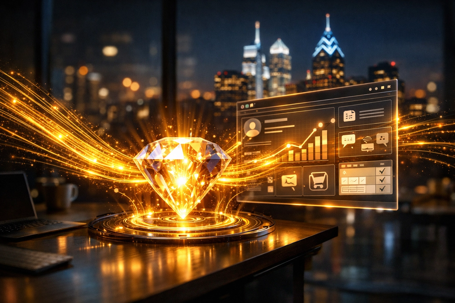 Integrated CRM data streams connecting to a website layout for automated Philadelphia business workflows.