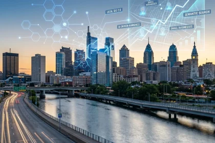 City skyline with digital SEO technology graphics