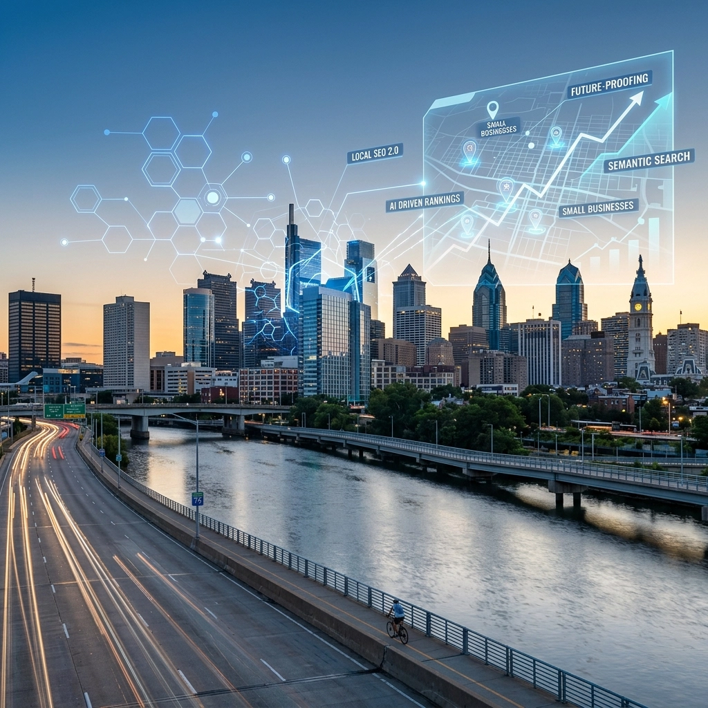 City skyline with digital SEO technology graphics