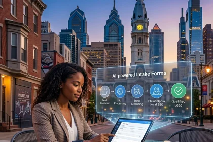 Businesswoman using AI-powered intake forms outdoors