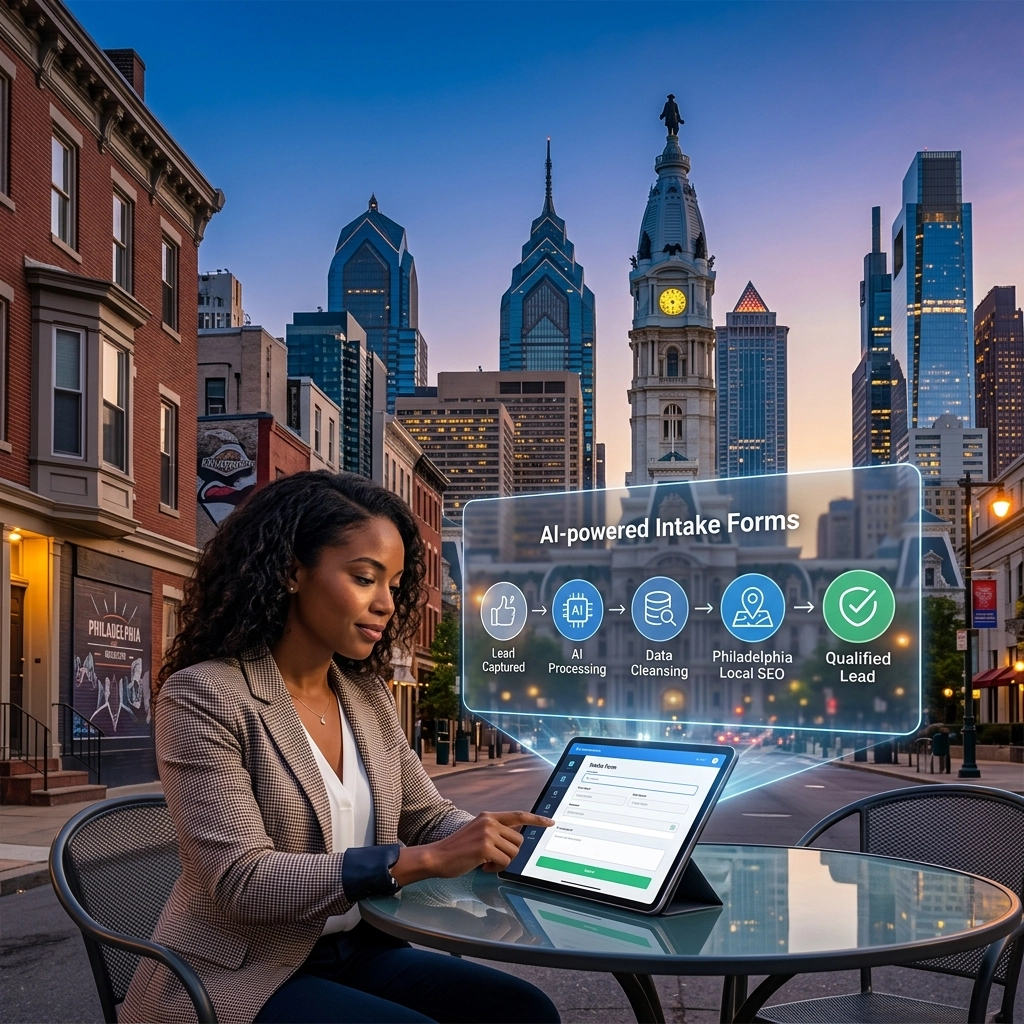 Businesswoman using AI-powered intake forms outdoors