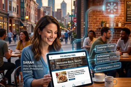 Woman using tablet with CRM integration in cafe