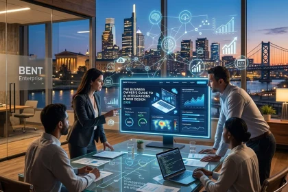 Team discussing digital business strategies in modern office