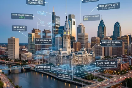 Philadelphia city skyline with digital SEO overlays