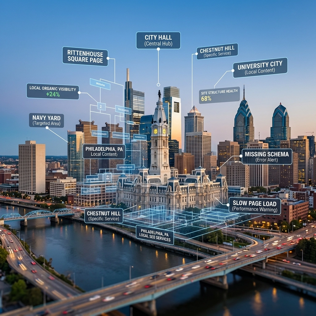 Philadelphia city skyline with digital SEO overlays