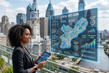 Businesswoman analyzing futuristic SEO data on city rooftop