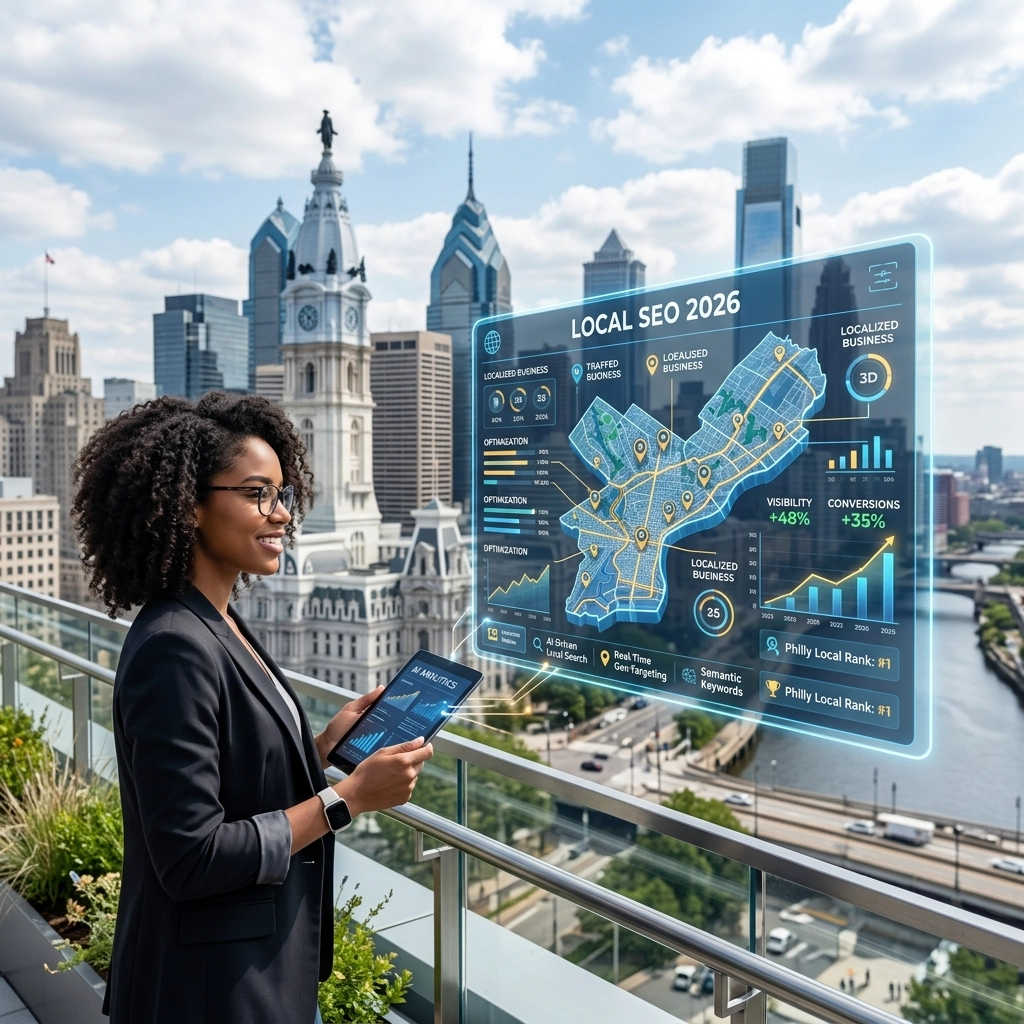 Businesswoman analyzing futuristic SEO data on city rooftop