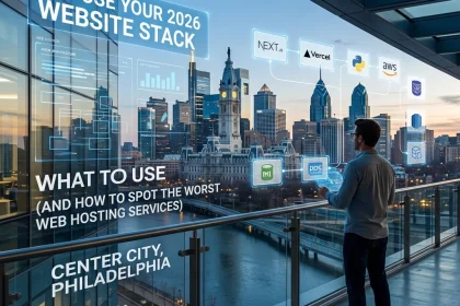 Man exploring 2026 website stack in Philadelphia skyline.