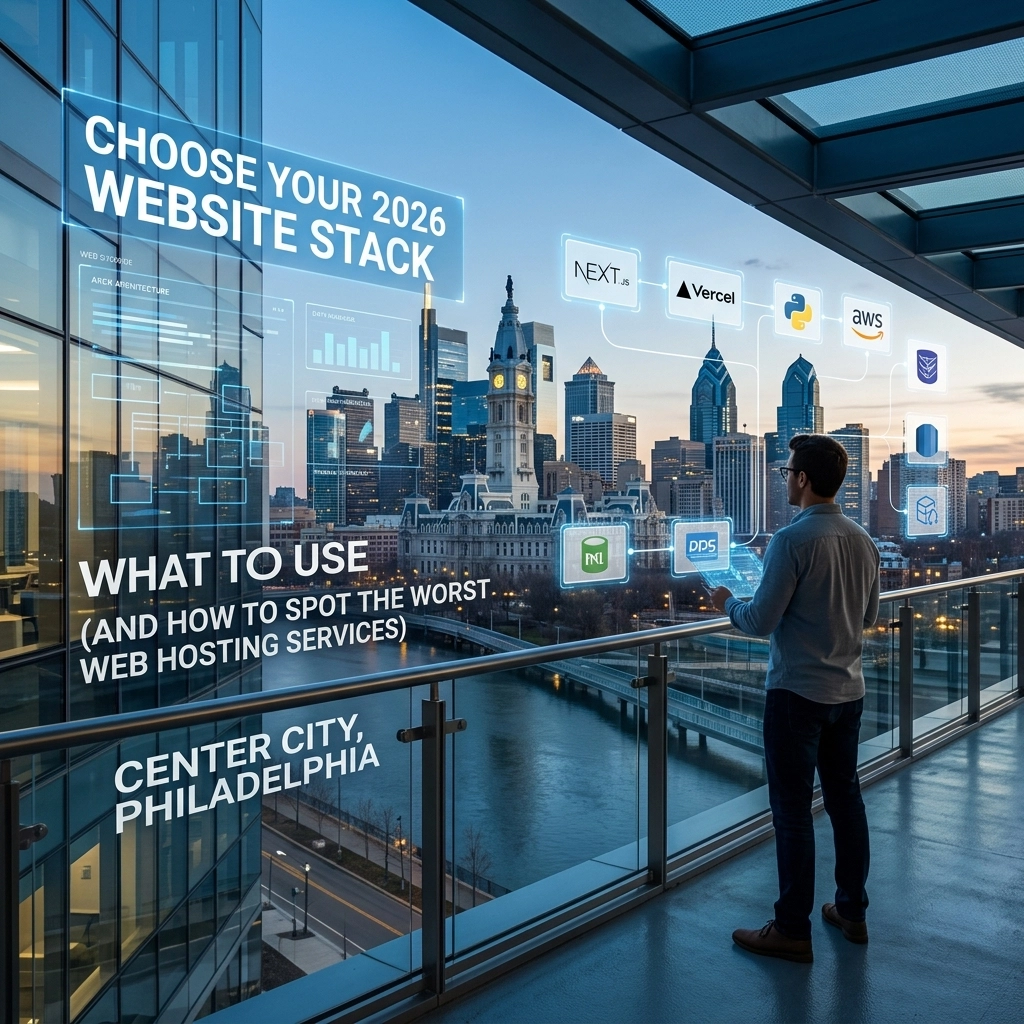 Man exploring 2026 website stack in Philadelphia skyline.