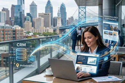 Businesswoman using CRM software in Philadelphia office