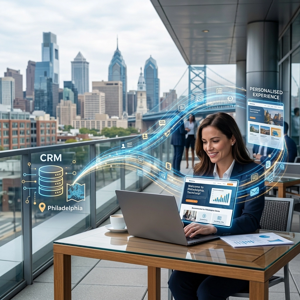 Businesswoman using CRM software in Philadelphia office