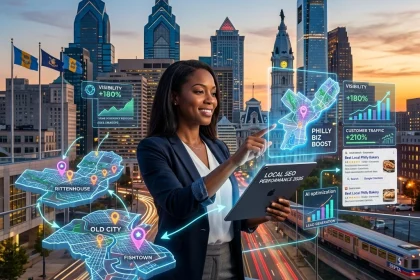 Businesswoman analyzing local SEO data in cityscape