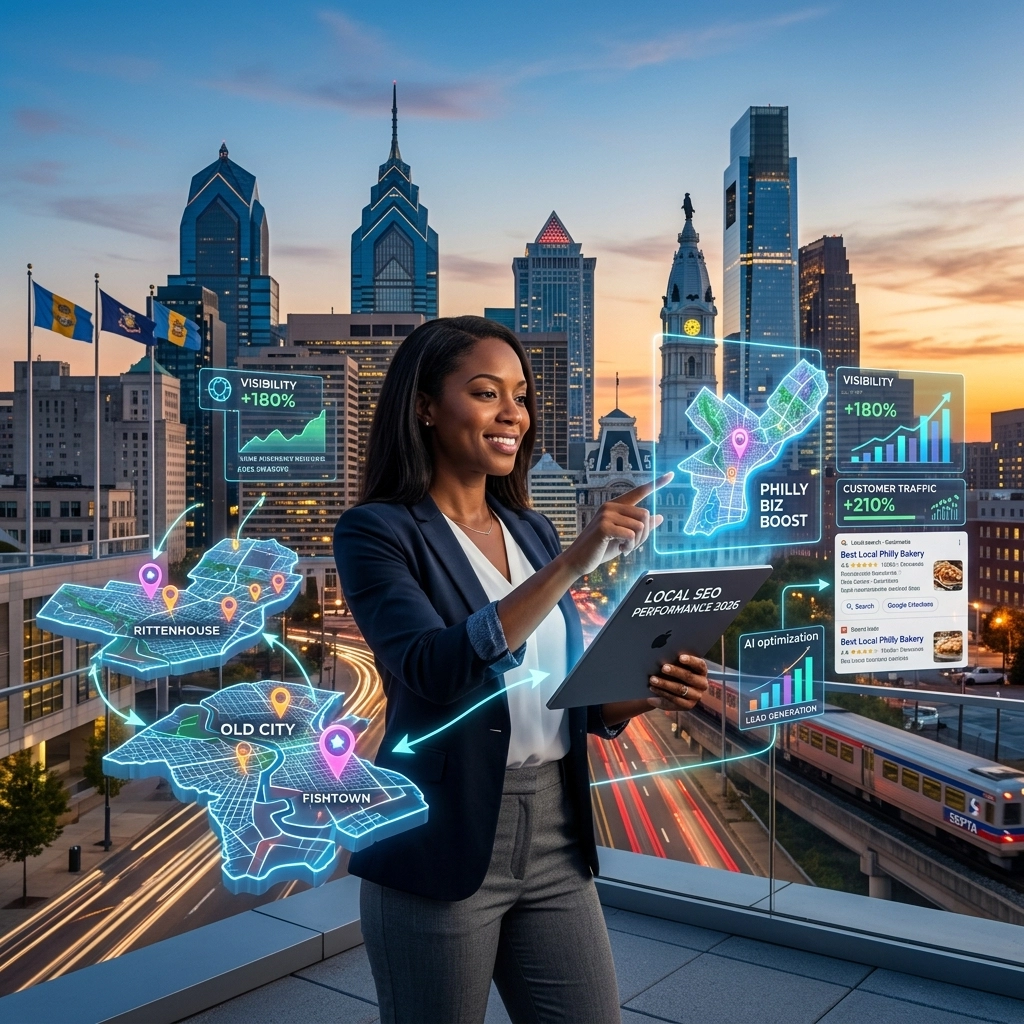 Businesswoman analyzing local SEO data in cityscape