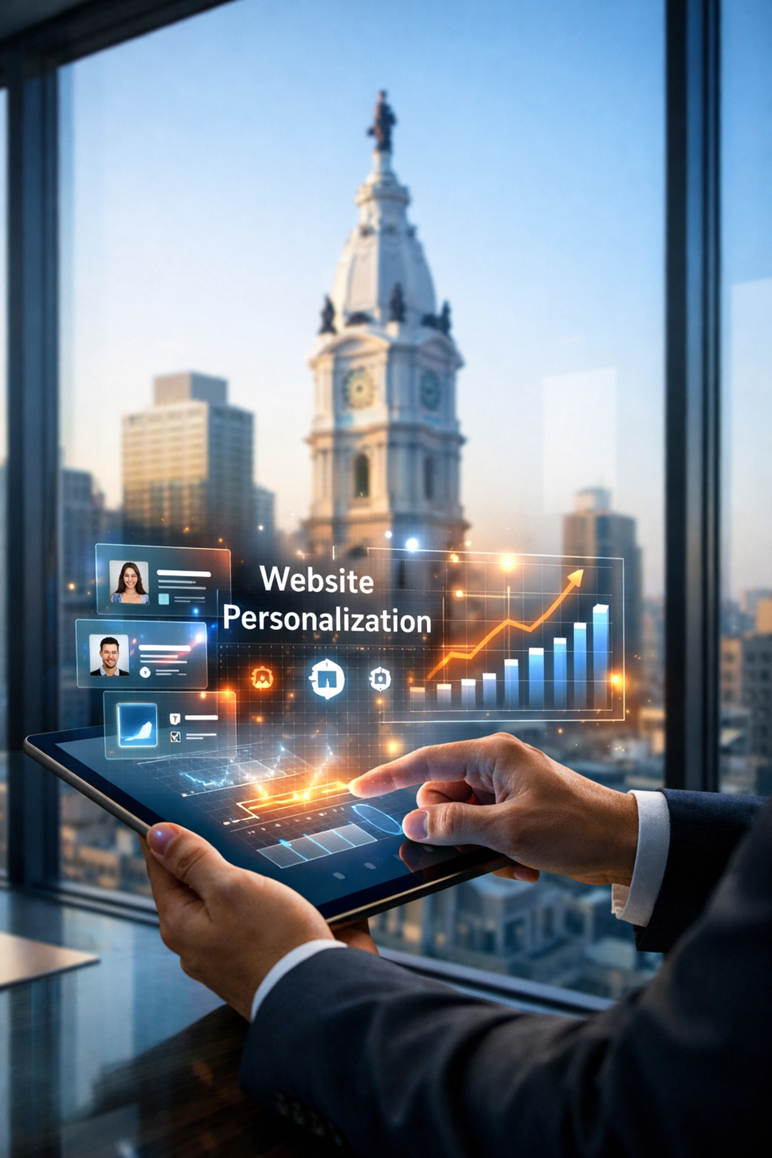 Business professional in Philadelphia viewing website personalization data on a tablet in a modern office.