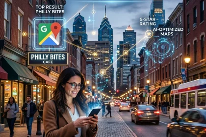 Woman using phone for Philadelphia local SEO search