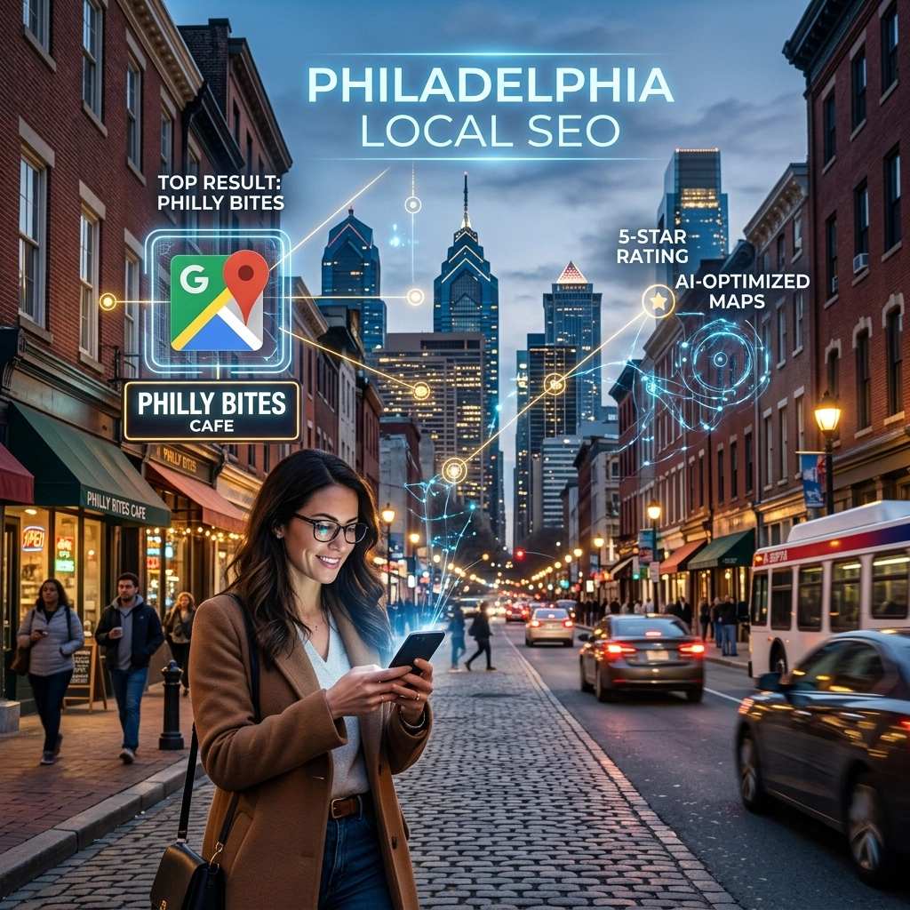 Woman using phone for Philadelphia local SEO search