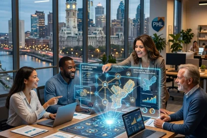 Team analyzing futuristic data dashboard in Philadelphia office