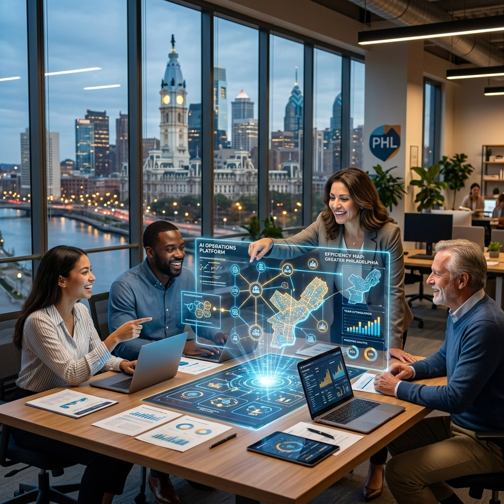 Team analyzing futuristic data dashboard in Philadelphia office