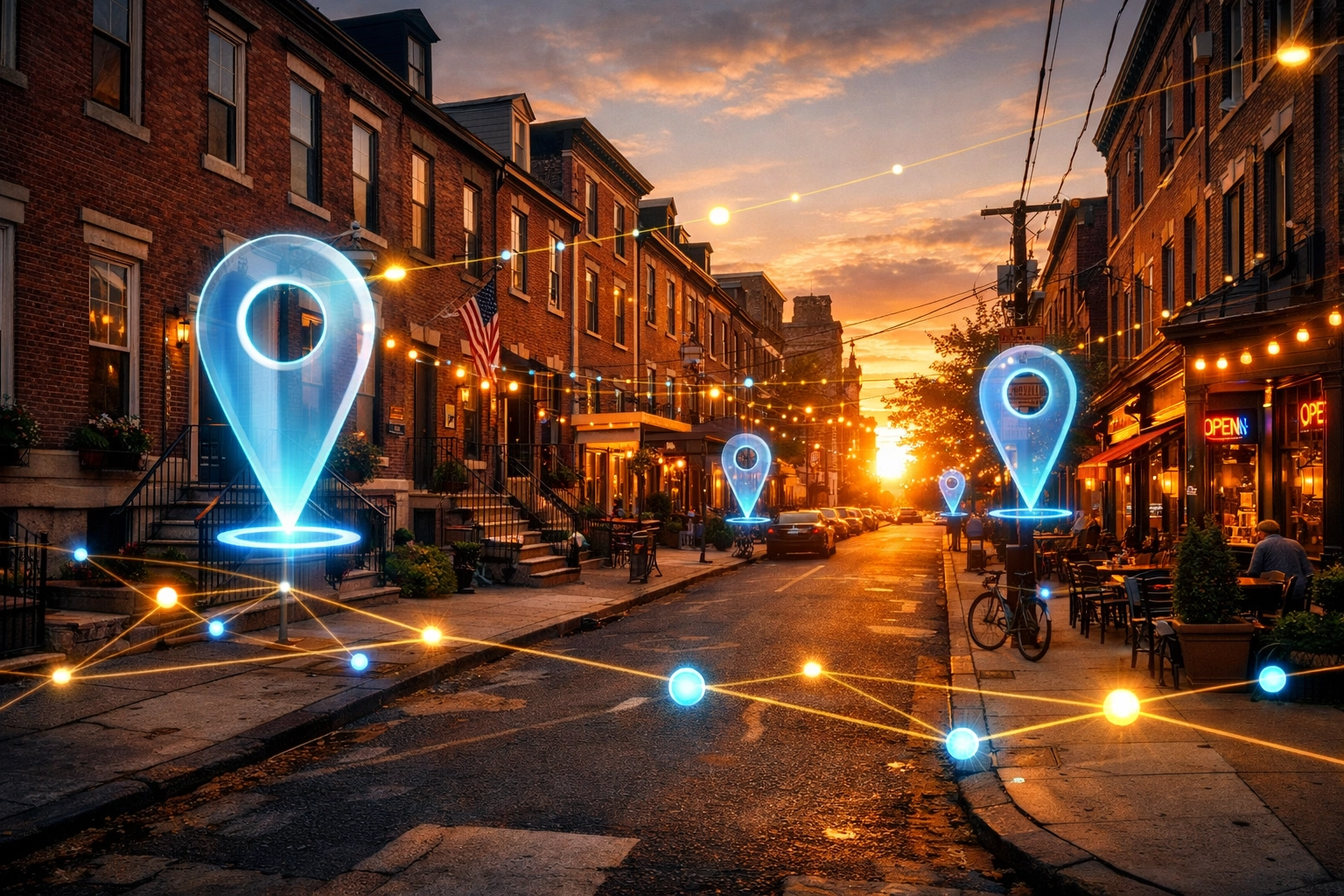 Philadelphia neighborhood with digital overlays representing local SEO and personalized website content.