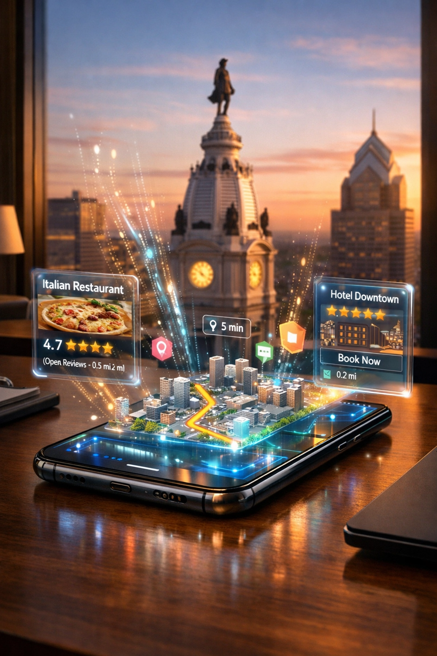 AI search results on a mobile screen overlooking Philadelphia City Hall, demonstrating modern local SEO data.