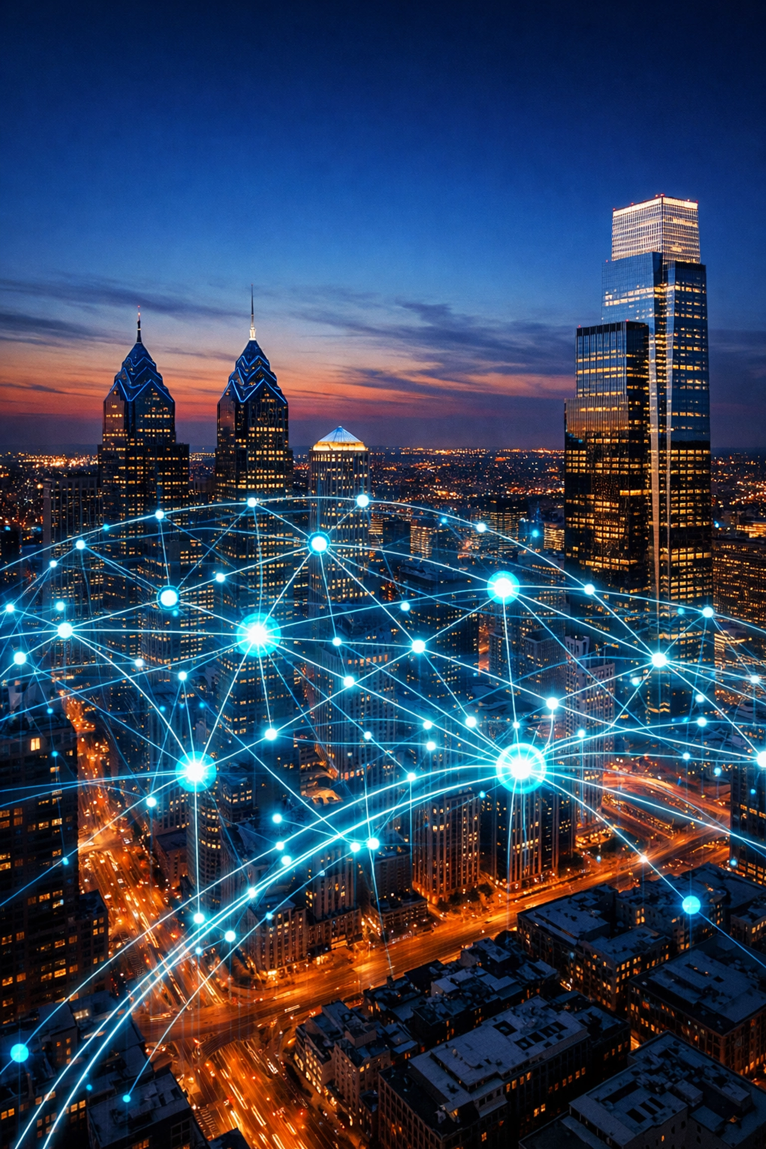 Philadelphia skyline with a digital data overlay representing custom web design for businesses in Philadelphia.