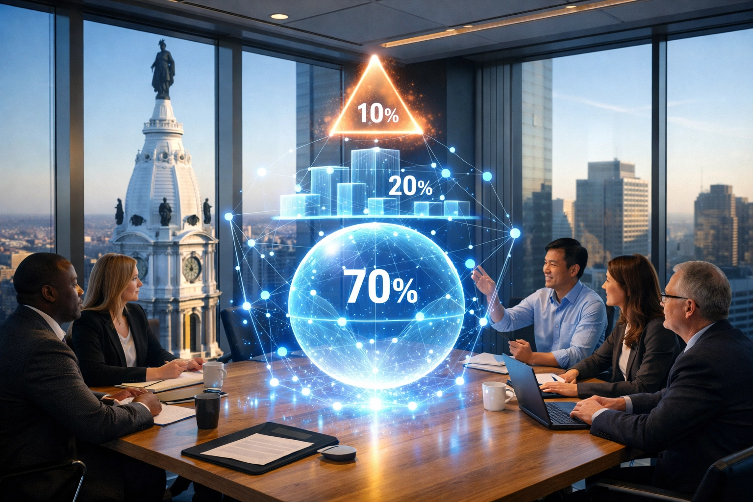 Philadelphia business leaders collaborating on AI integration strategy with City Hall in view.