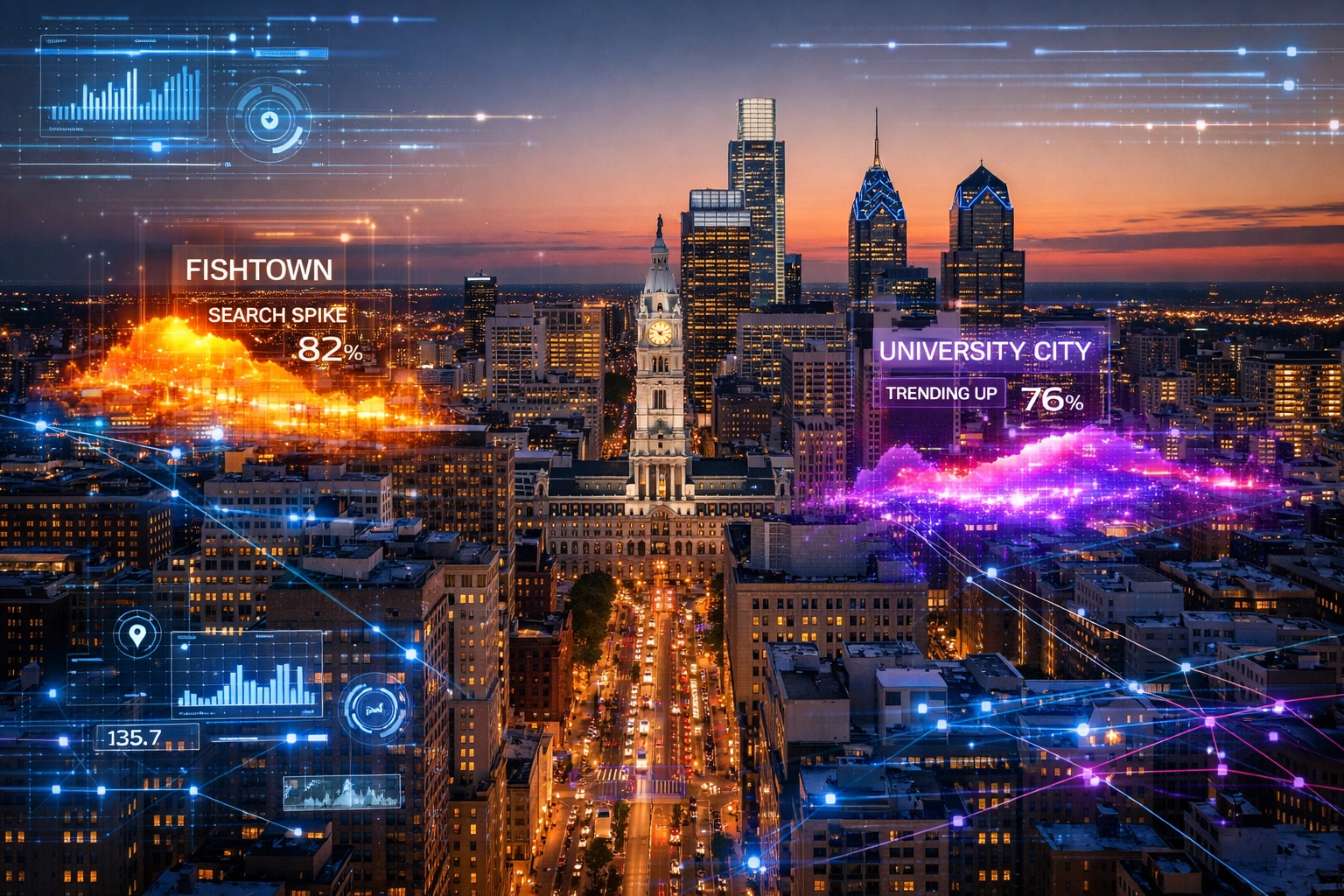 Real-time data overlay on Philadelphia skyline showing local SEO search trends for businesses in Philadelphia.
