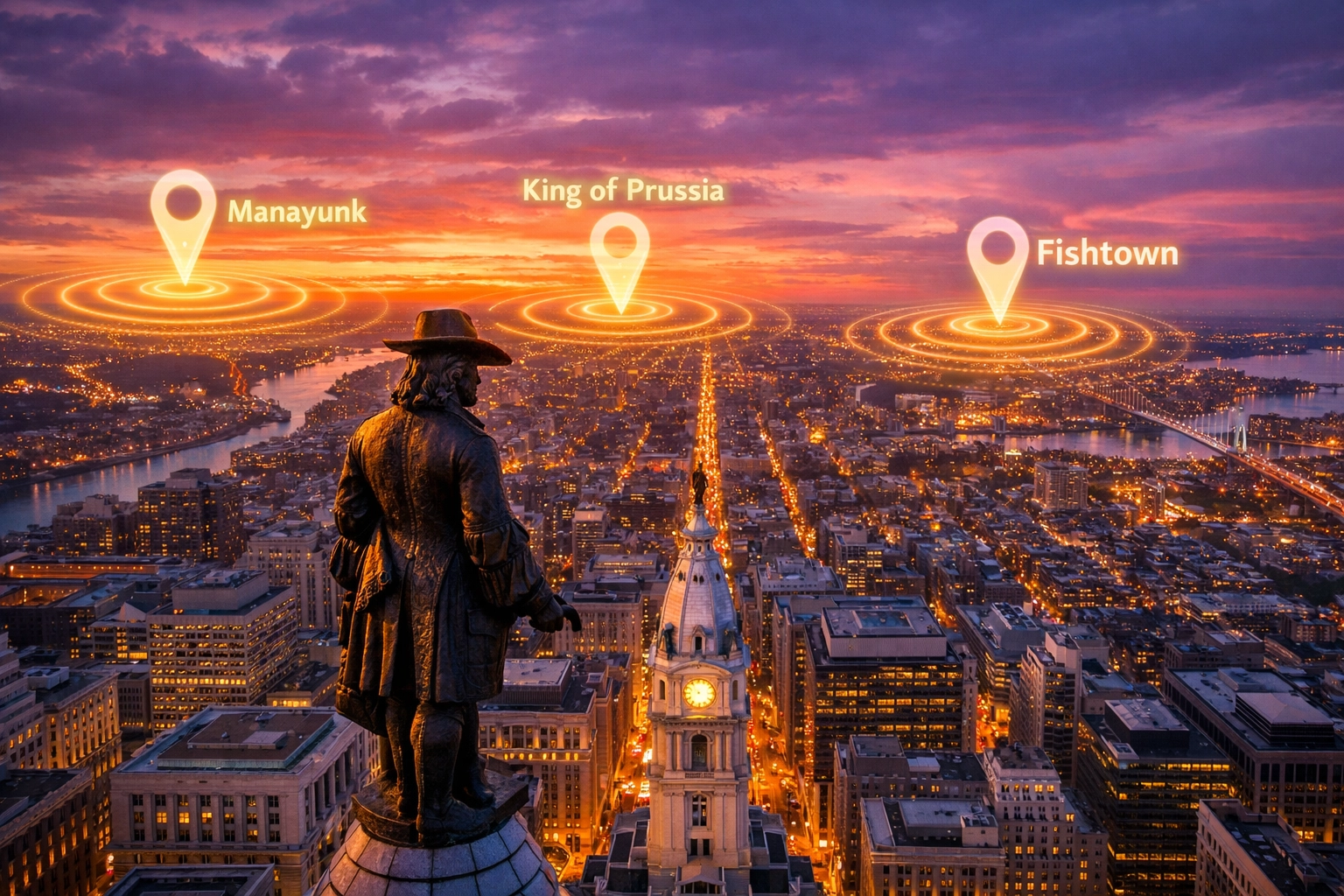 Holographic location pins over Philadelphia City Hall showing local SEO strategy for neighborhoods.