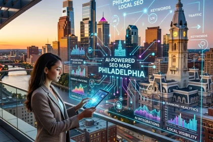 Woman analyzing AI SEO map of Philadelphia skyline