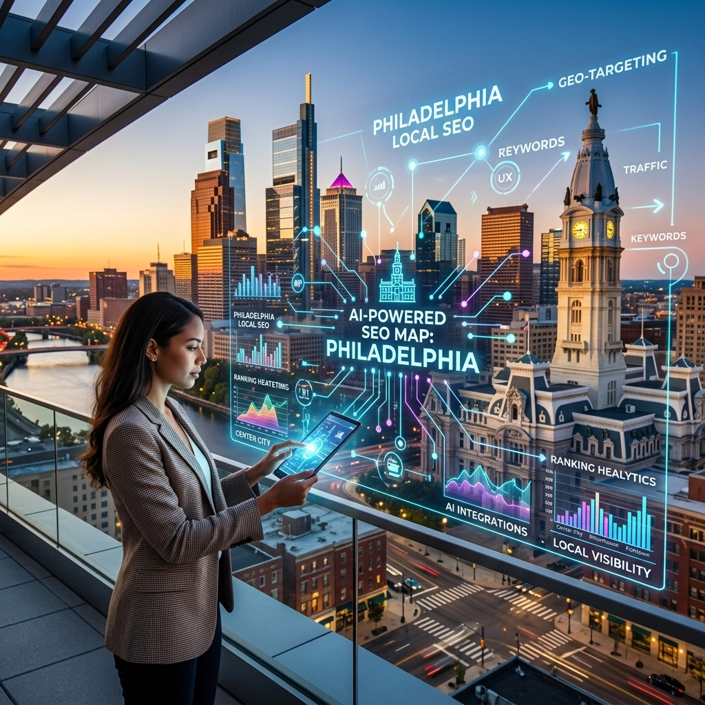 Woman analyzing AI SEO map of Philadelphia skyline