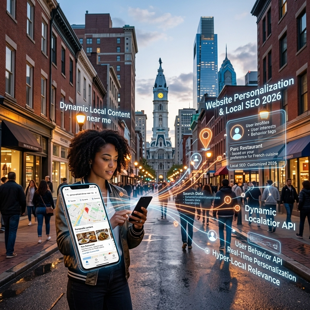 Woman using phone for local SEO and personalization