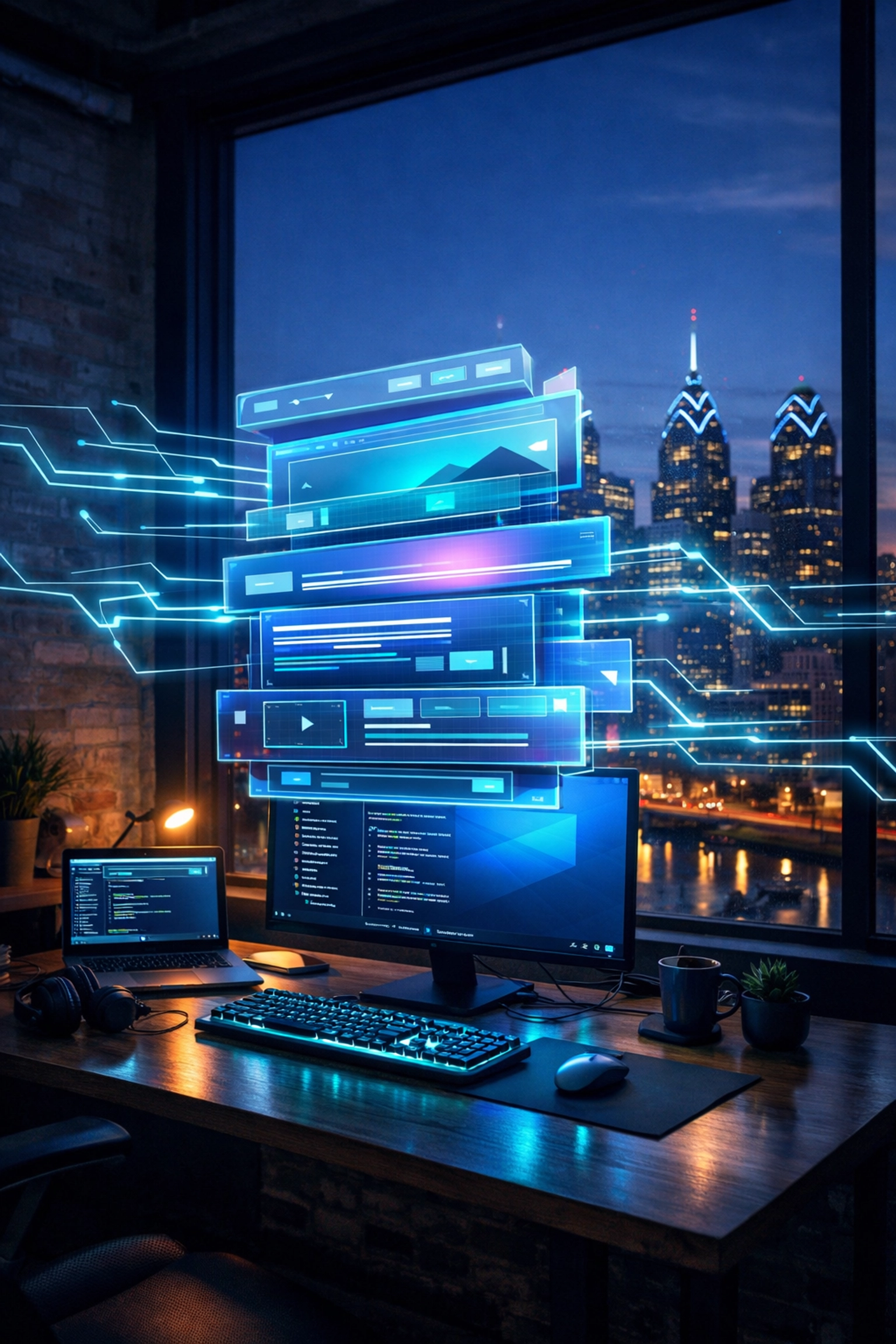 Modern web design interface layers being built in a Philadelphia office for high-speed performance.