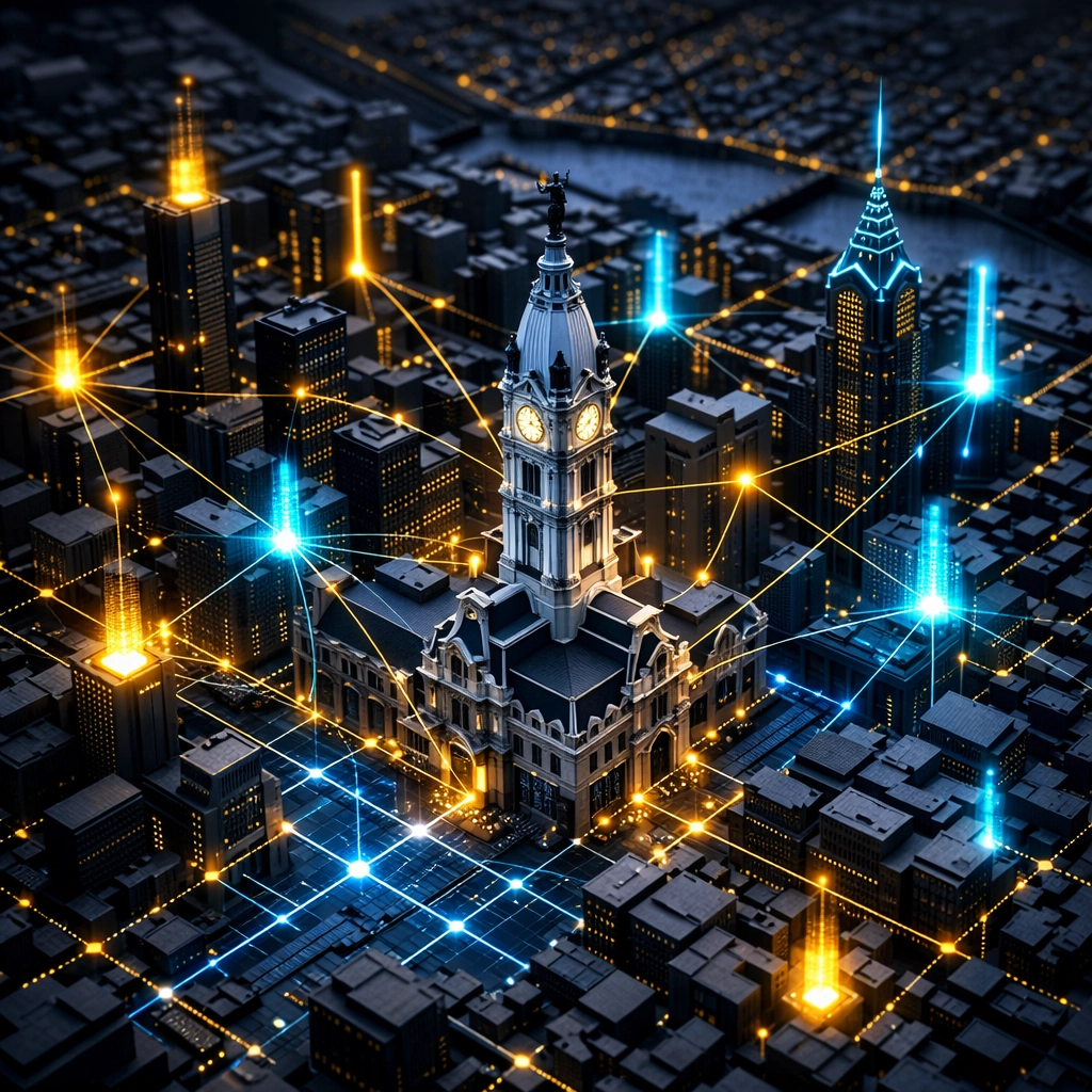 Digital map of Philadelphia highlighting local SEO data points and AI-driven business signals.