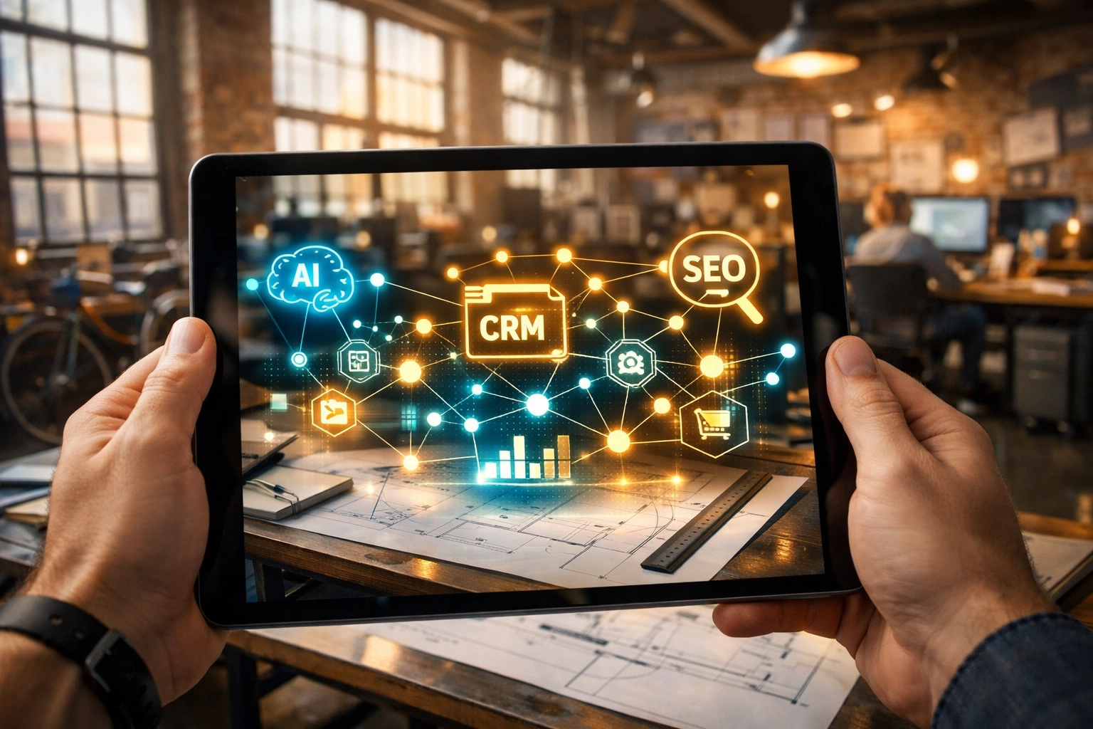 Modern office setting showing AI and CRM integrations managed through a digital tablet interface.
