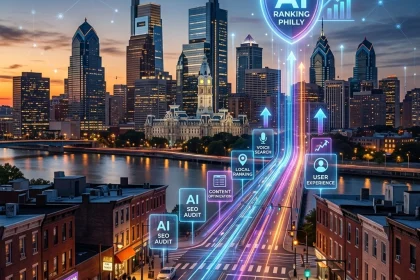 AI SEO ranking technology in Philadelphia skyline