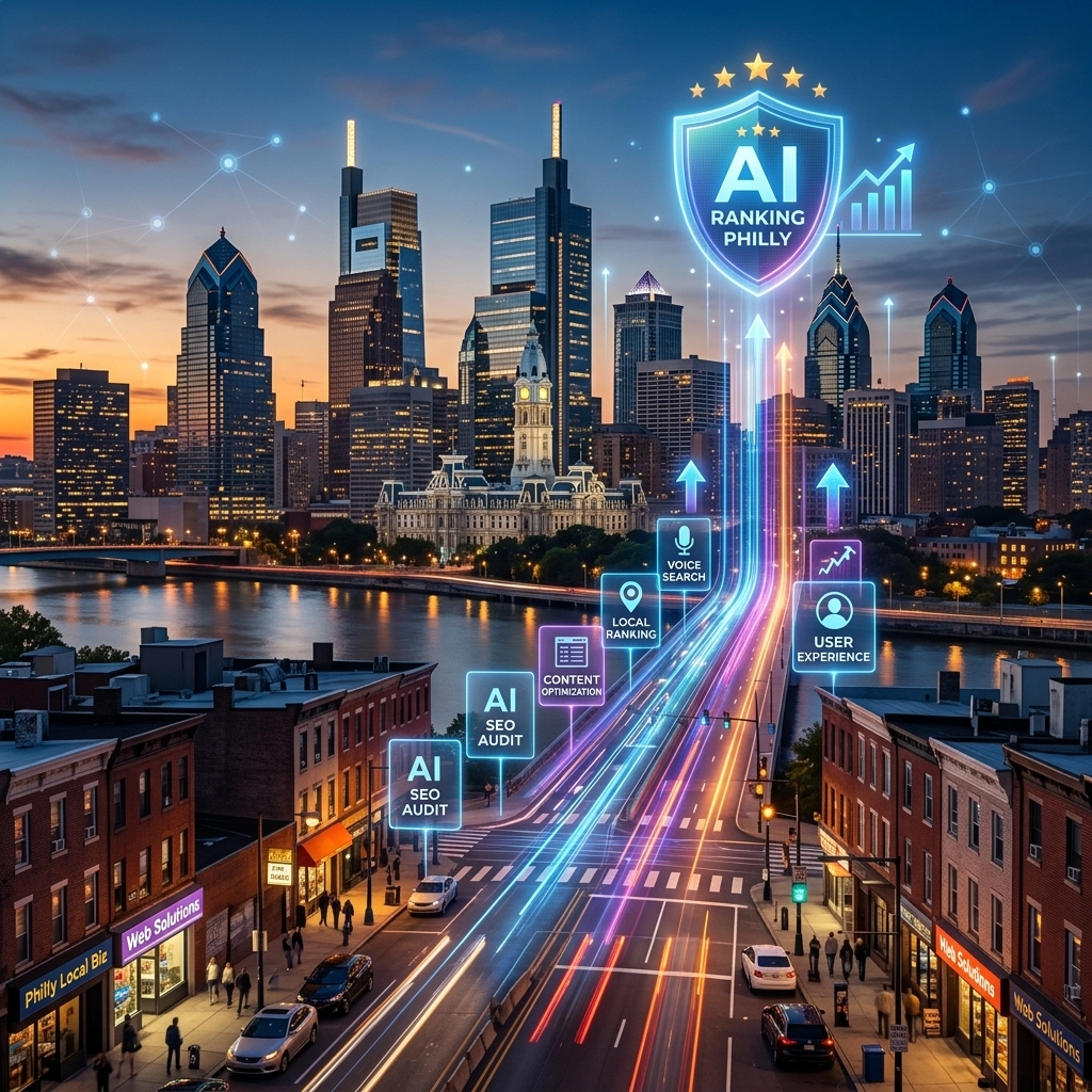 AI SEO ranking technology in Philadelphia skyline