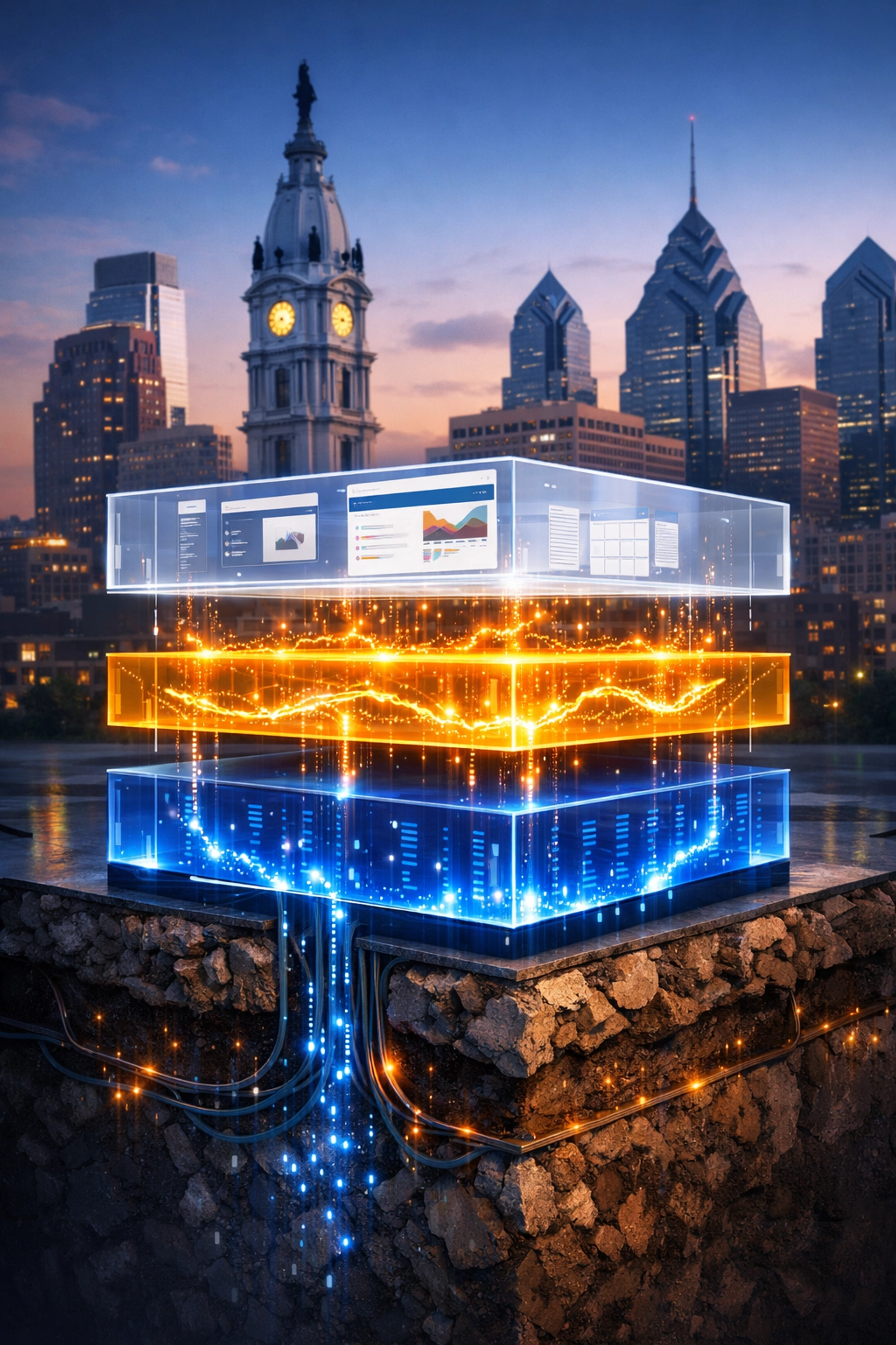 Digital website stack layers showing frontend and backend architecture in Philadelphia.