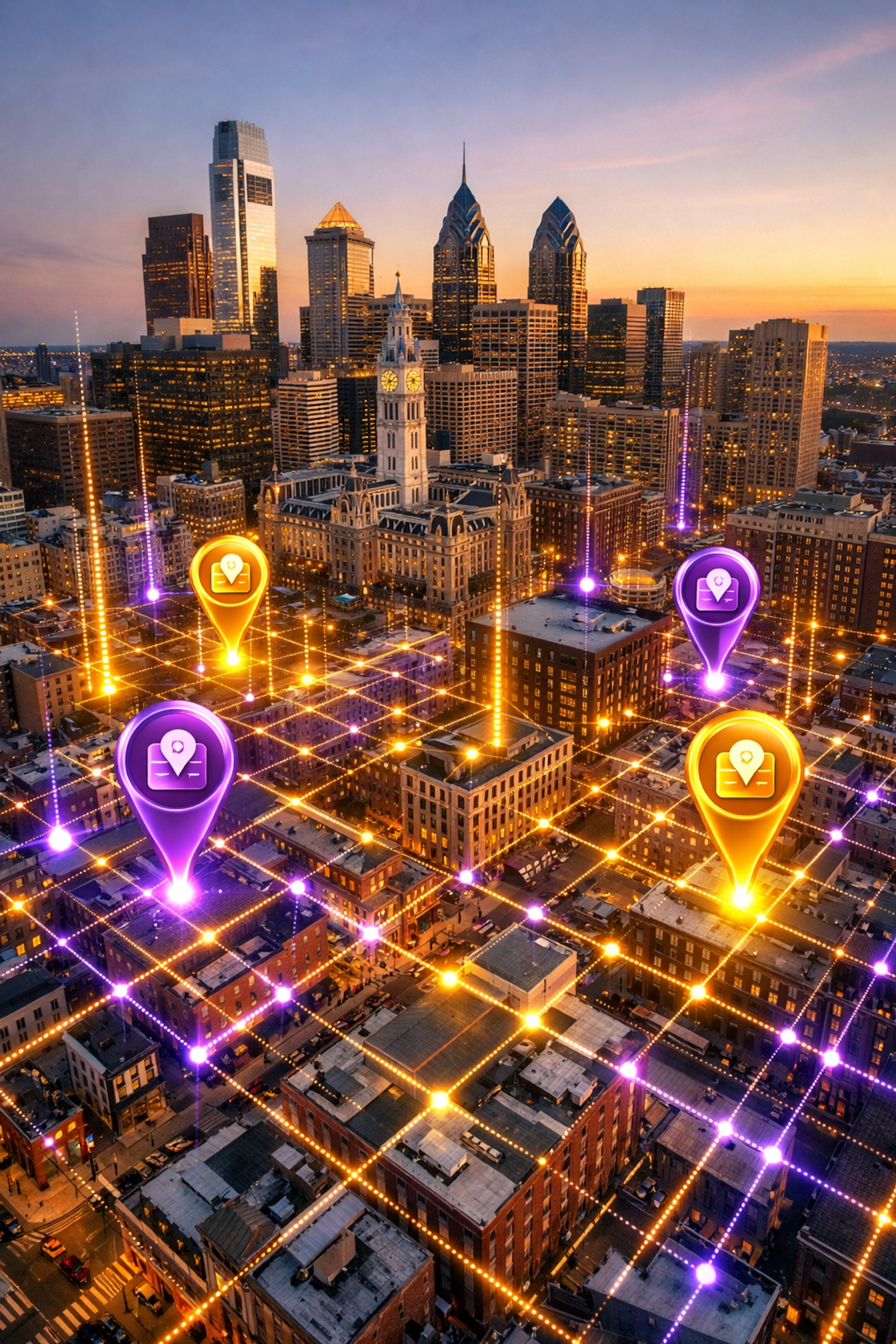 Digital SEO map data overlay of the Philadelphia business district showing search engine rankings.