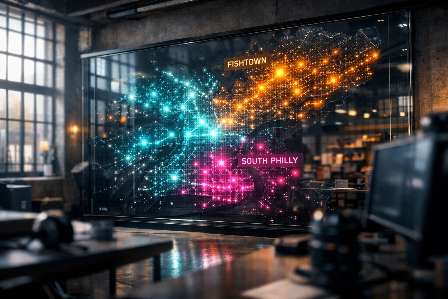 AI-powered map of Philadelphia tracking real-time local SEO leads and automated business growth.