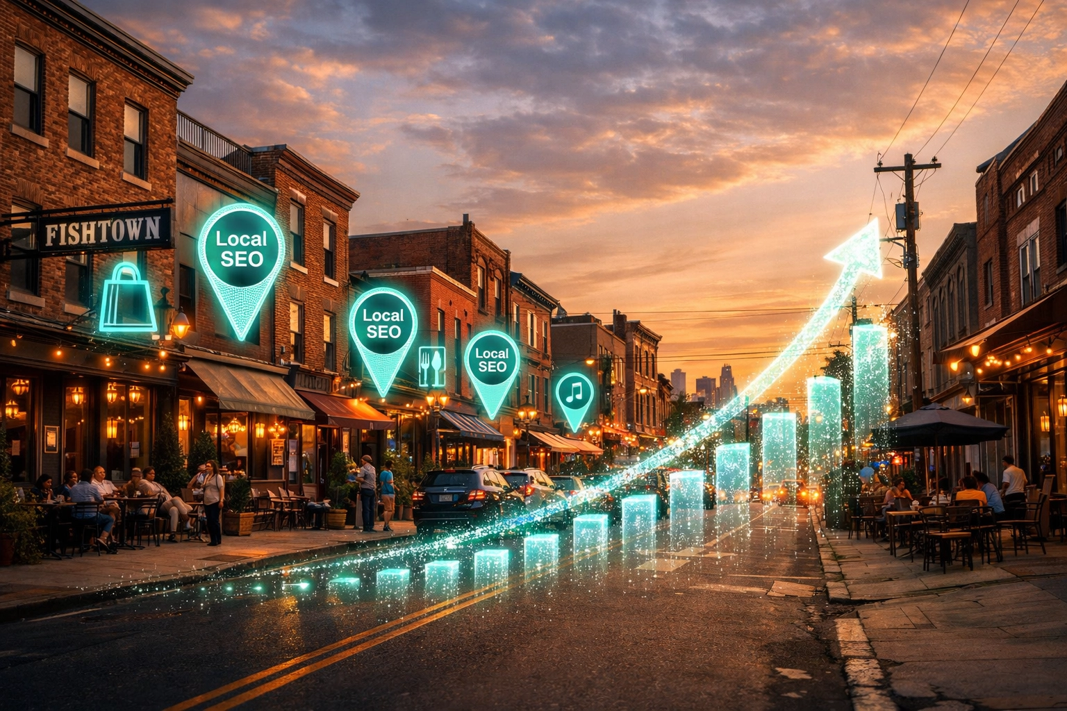 Local SEO map pins and growth charts overlaying a vibrant Fishtown Philadelphia business street.