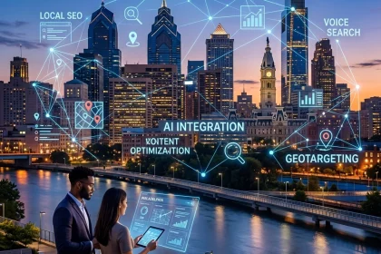 Business professionals analyzing AI-powered city SEO data