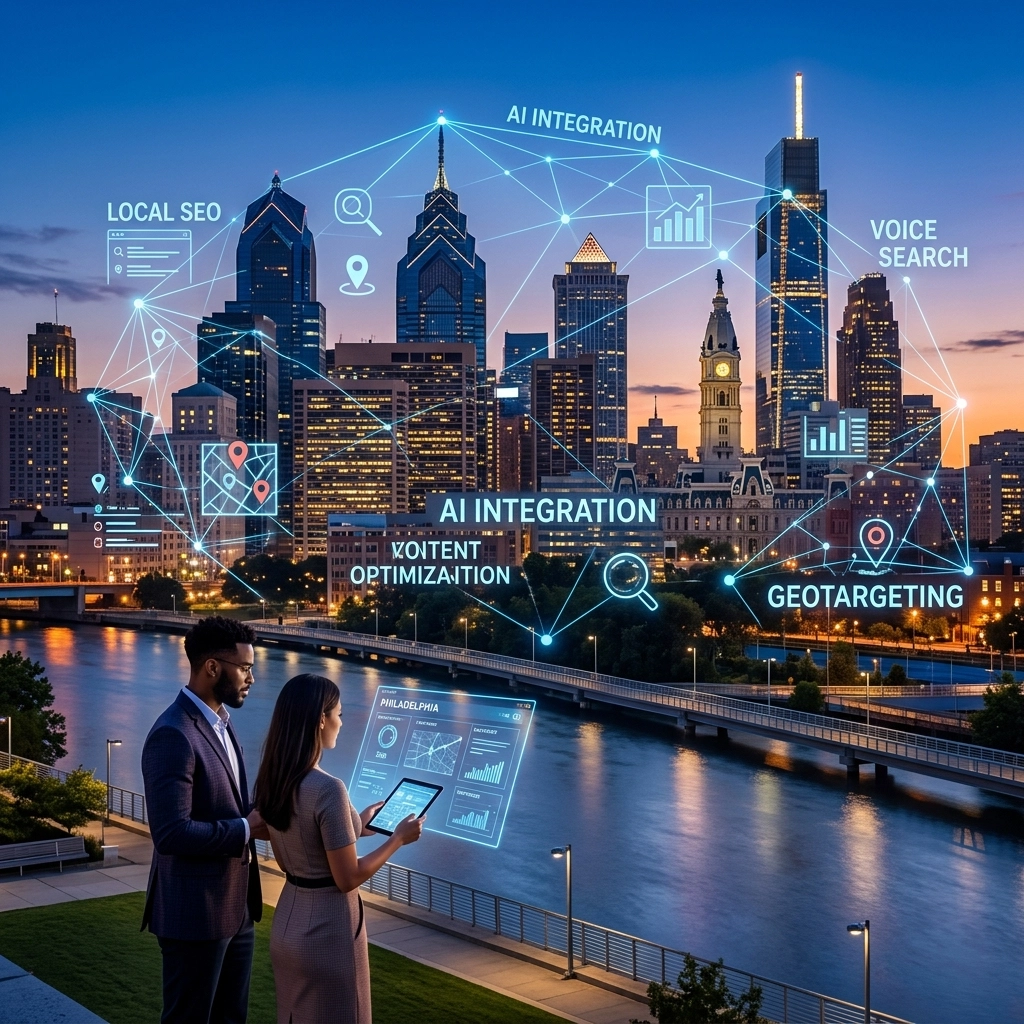 Business professionals analyzing AI-powered city SEO data