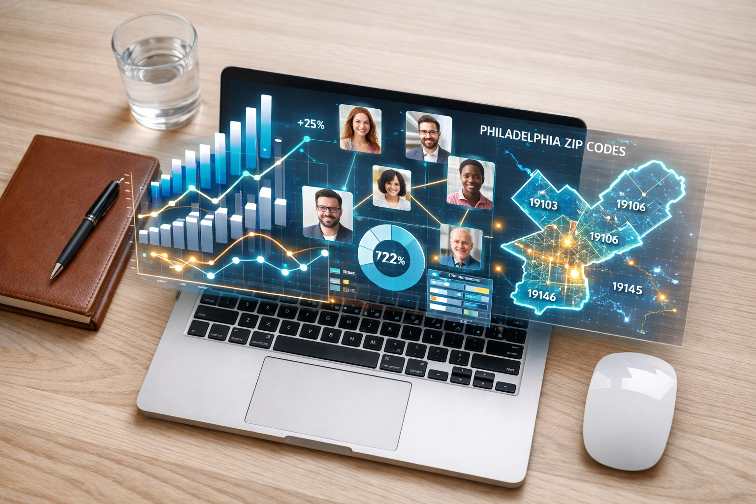 Digital dashboard showing integrated CRM data and Philadelphia customer profiles for personalized marketing.
