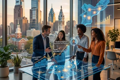 Team analyzing digital business data in modern office