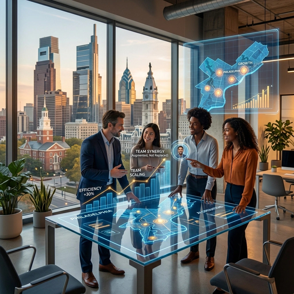 Team analyzing digital business data in modern office