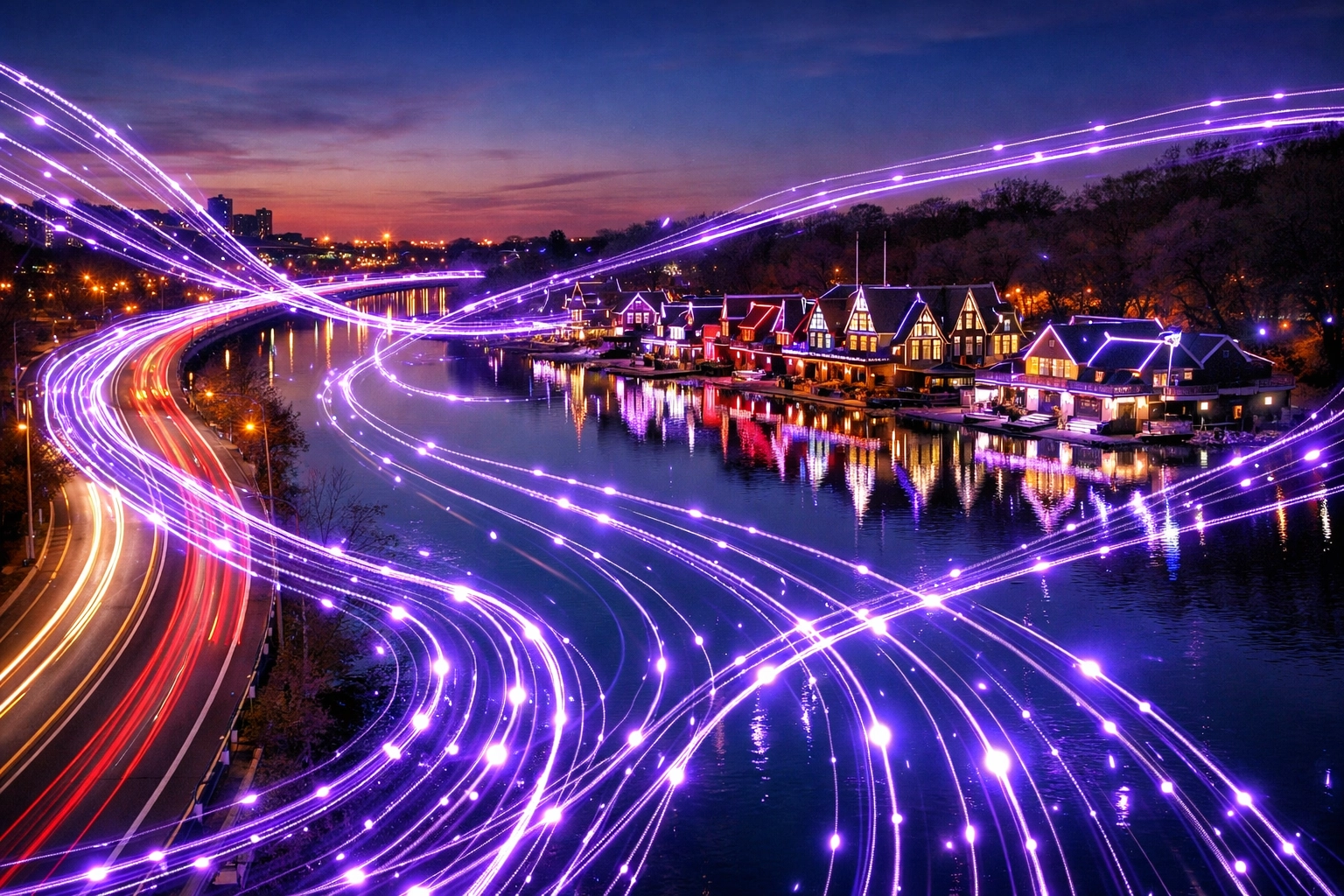 High-speed digital data network visualization over Philadelphia Boathouse Row at night.